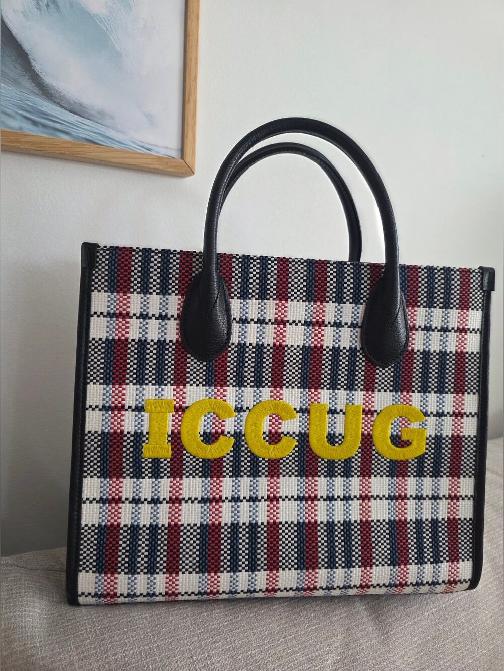 Gucci Multicolor Check "ICCUG" Logo Raffia Tote Bag - Picture 5 of 16